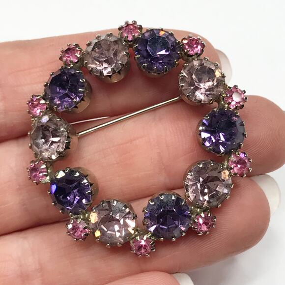 VTG Rhodium Plated Pastel Pink Purple Amethyst Brooch Rhinestones Silver Tone - Picture 5 of 12